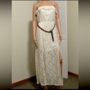 Maurices Size Medium NWT Strapless Ivory Lace Belted Maxi Dress Studio Y